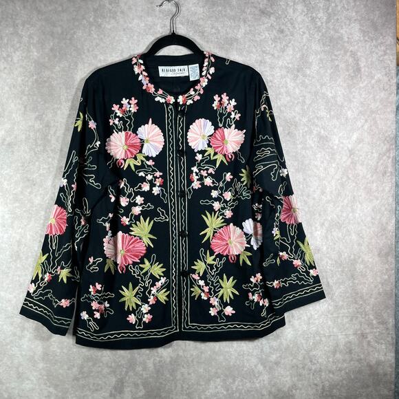 Bedford Fair Cardigan Sweater Womens Size PL Black Floral Embroidered Button Art - Picture 1 of 7